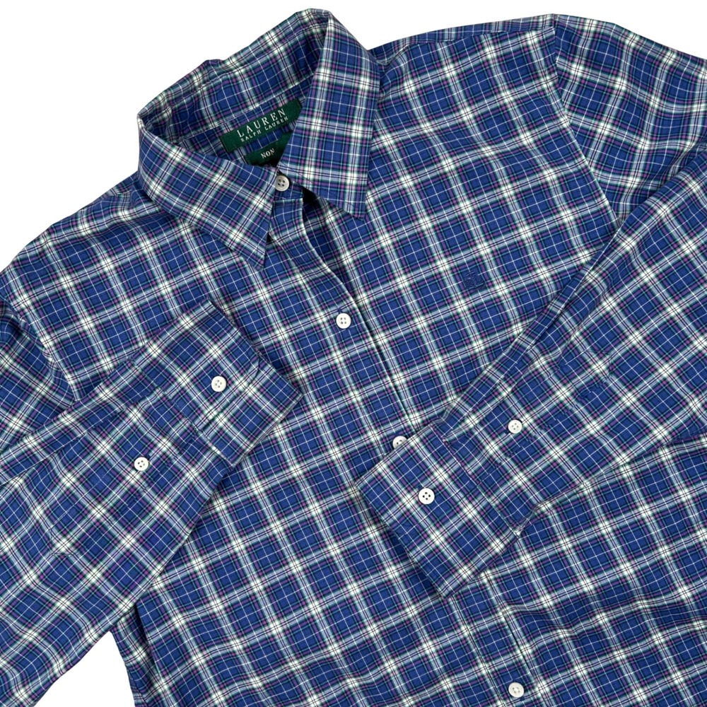 Lauren Ralph Lauren Button Down Shirt Womens S Blue Plaid Preppy Classic Office